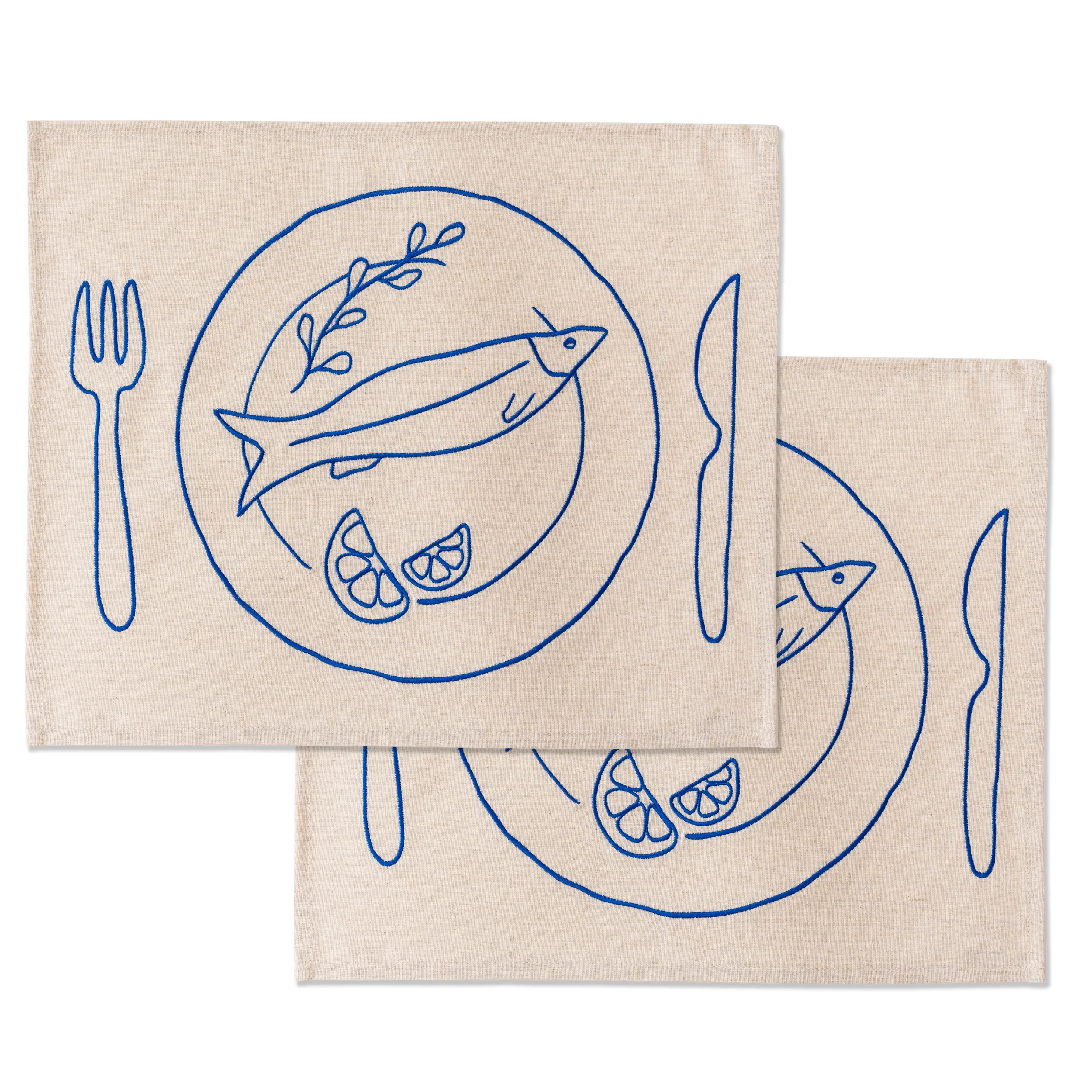 Kulu Club placemats bord met vis – linnenmix – beige – set van 2