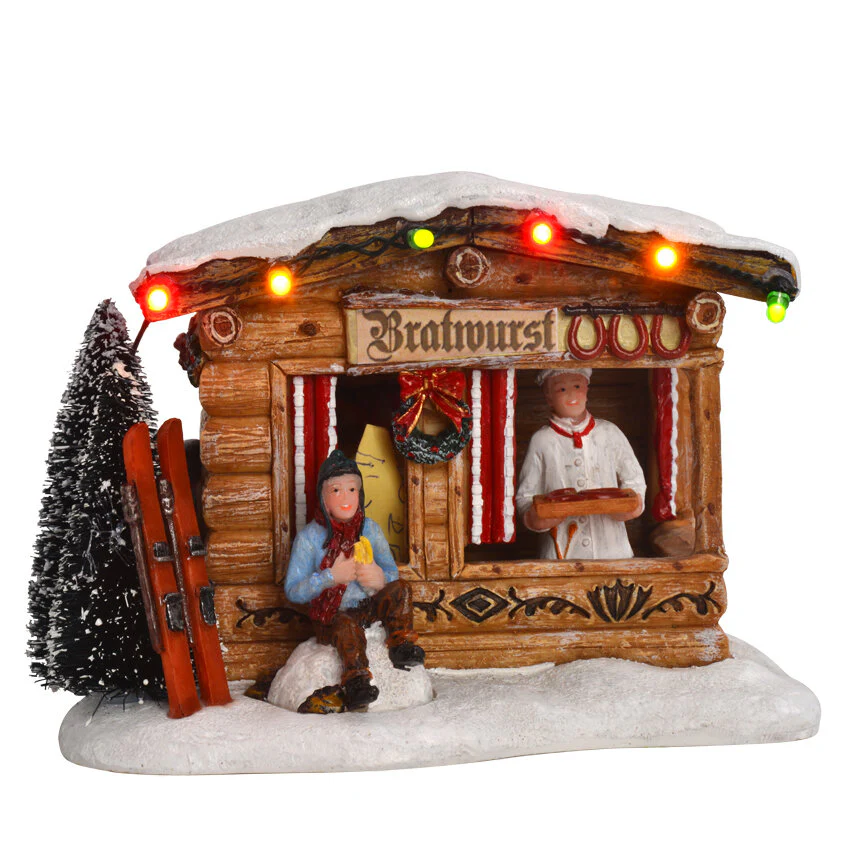 LuVille Kerstdorp Miniatuur Braadworst Marktkraam – L14 x B11 x H10 cm