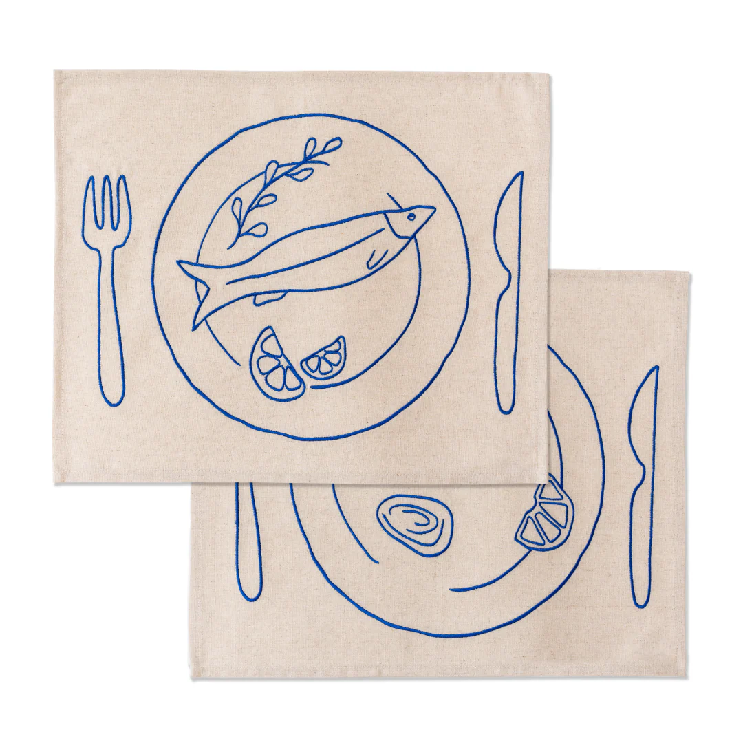 Kulu Club placemats – bord met vis/oesters – linnenmix – set van 2